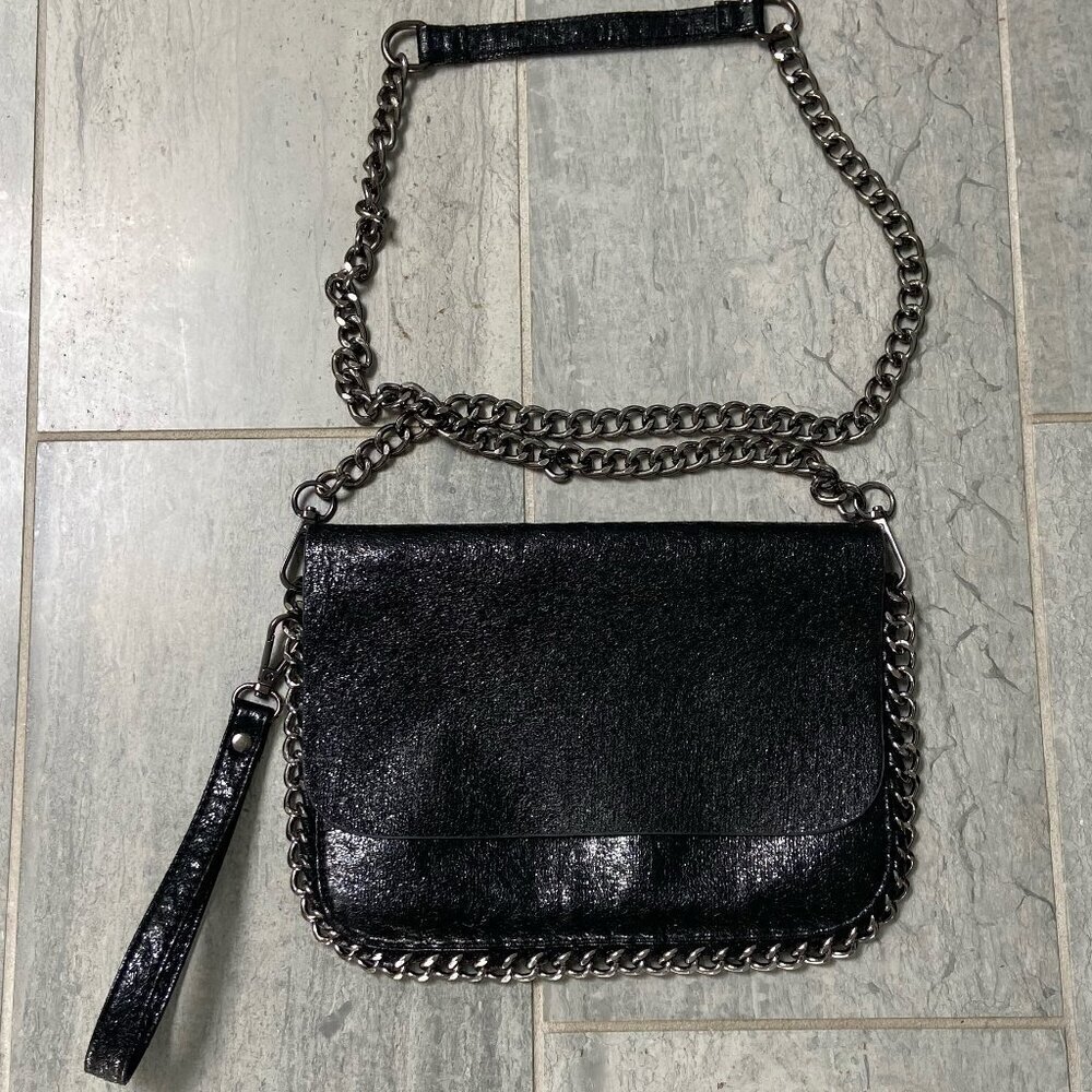 Bari Lynn Faux Leather Chainlink Convertible Crossbody Wristlet Purse Black